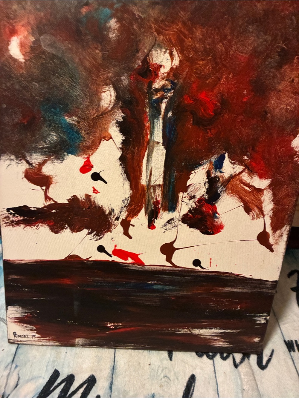 Abstract Acrylic Canvas Painting in Brown, Red, and White